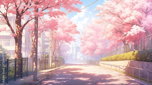 桜の並木道の水彩画_1