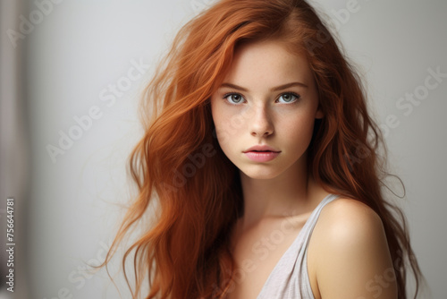 Portrait of a stylish young woman with long red hair