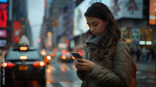 A young brunette woman standing on a busy street corner, texting on her smartphone, utilizing the power of 5G for instant digital communication. 8K. -
