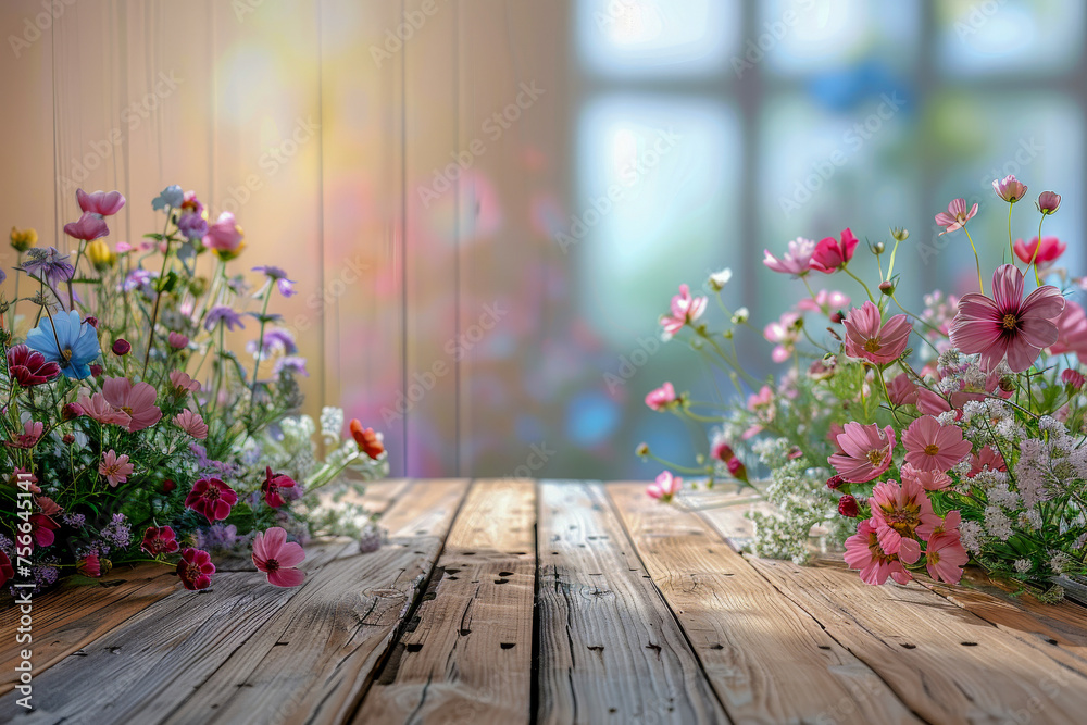 Vibrant Spring Flowers on Rustic Wooden Table with Garden Background Vibrant Spring Flowers on Rustic Wooden Table with Garden Background