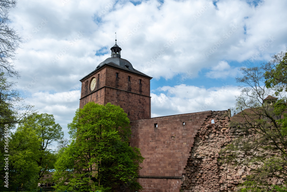 Heidelberg Castle, Heidelberg Schloss Gate or Clock Tower, Germany. Seltenleer prison tower.