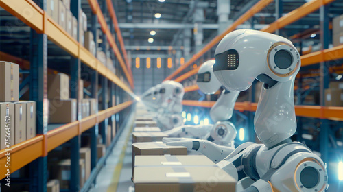 Engineers fine-tuning the calibration of robotic arms within a distribution center, ensuring maximum efficiency and safety in handling packages. 8K -