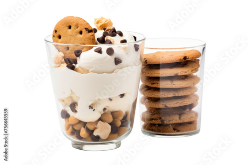 Yogurt parfait with chocolate chips, cookies and peanut butter served in a clear glass container isolated on a transparent background. photo