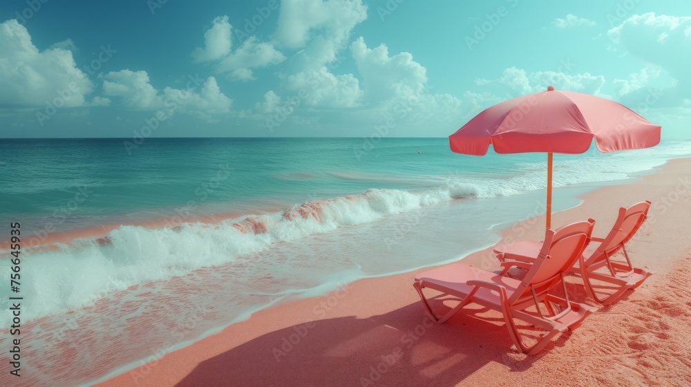 Beach chairs and pink umbrella on the tropical beach