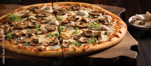 A Californiastyle pizza topped with mushrooms and cheese is displayed on a wooden cutting board, ready to be enjoyed as a delicious dish