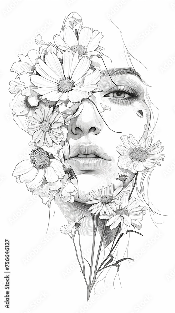 face with flowers line drawing, high definition, white background - obrazy, fototapety, plakaty 