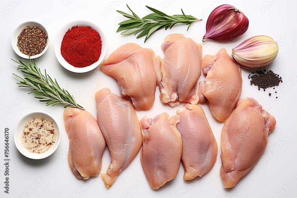 Fresh sliced raw chicken breast fillets with wooden cutting board background
