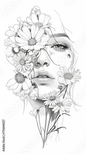 face with flowers line drawing, high definition, white background
