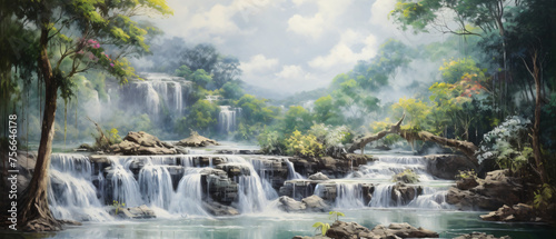 Art painting Oil color Natural waterfall from Thailand