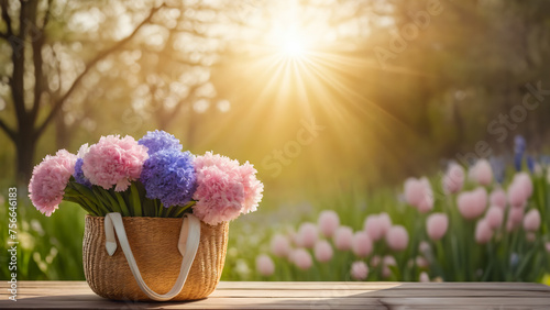 Straw Bag with Spring Blossom Flowers