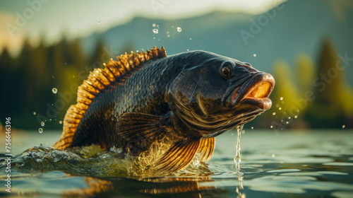 Close up of fish black bass (Micropterus salmoides) jumping from the water with bursts in high mountain clean lake or river, at sunset or dawn, picturesque mountain summer landscape. Copy space. photo