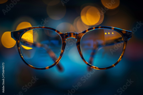 Designer glasses close-up focus on details