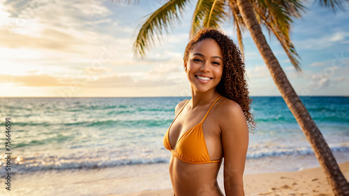 Beautiful young black woman posing in a swimsuit