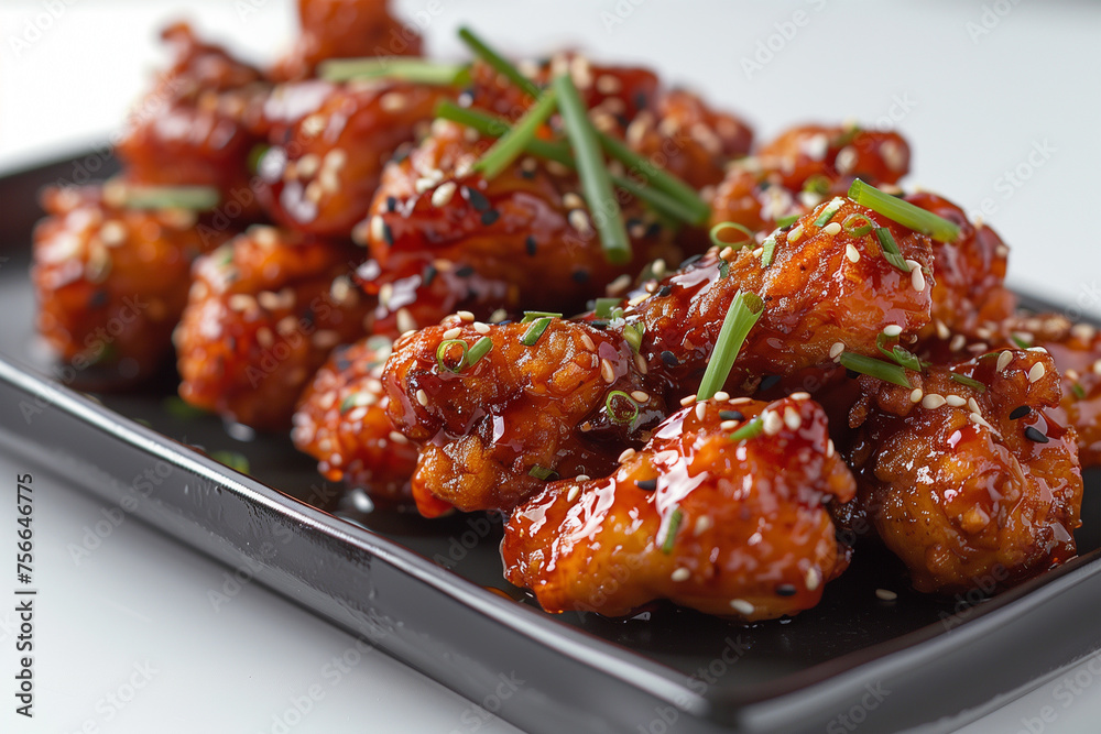 Spicy korean fried chicken on a plate isolated on a white background.