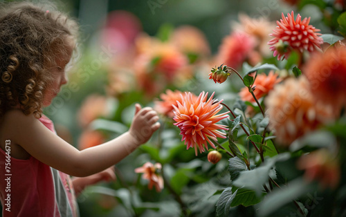 Portrait of a cute little girl sniffing a big colorful blooming flower