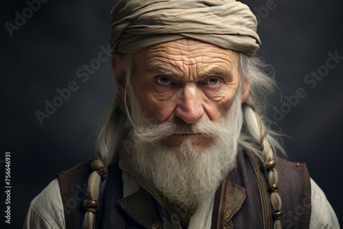 Portrait of an elderly man with grey hair in ethnic costume