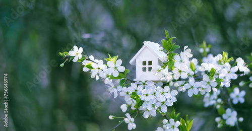 spring nature background. miniature toy house on cherry flowers tree, abstract natural backdrop. concept of mortgage, construction, rental, property. family, eco-home symbol.