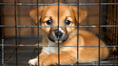 Unwanted and homeless cute sad dog in the cage, specialized pet shelter.