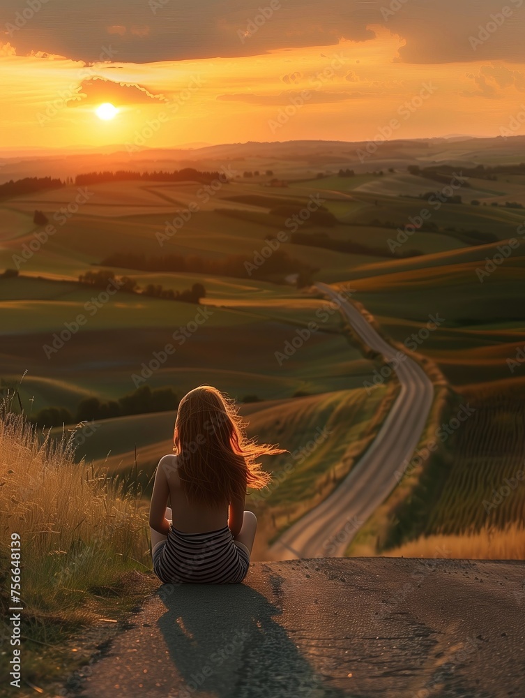 A girl sits on a hill and looks at the sunny valley and mountains.