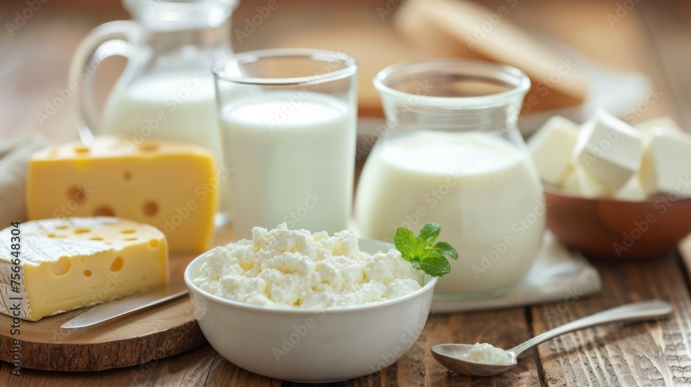 Healthy breakfast scene with dairy products as the centerpiece, including a glass of milk, a bowl of yogurt, and cheese