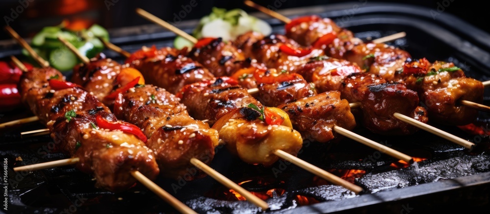 A variety of skewers with meat and vegetables are roasting on the grill, creating delicious finger food perfect for a BBQ or outdoor gathering
