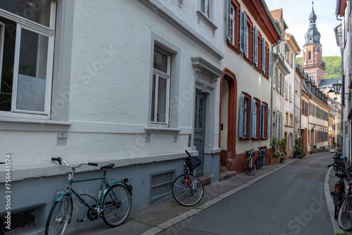 Heidelberg  Altstadt empty narrow street  Germany. German architecture. Parked bike on pavement.