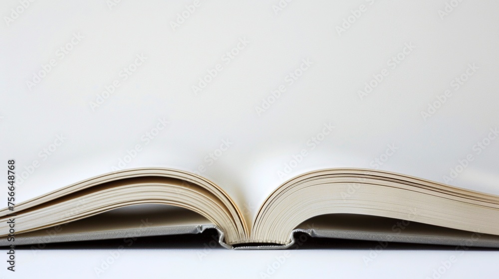 Close-up view of an open book against a pristine white background Close-up view of an open book against a pristine white background