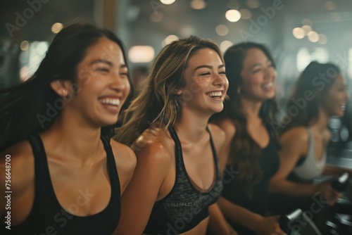 Group of smiling young women on fitness equipment in a gym