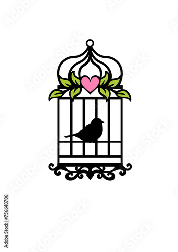 cage with bird and heart