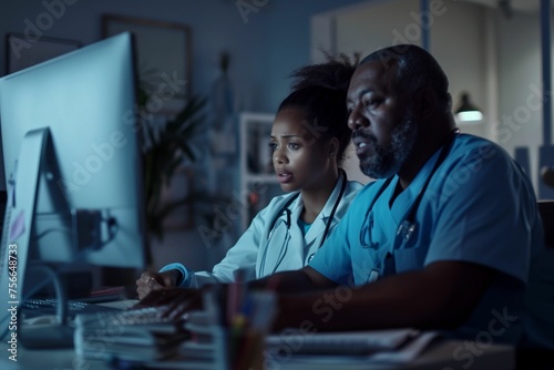 Doctor and nurse looking at computer screen discussing treatment plans late at night in hospital photo