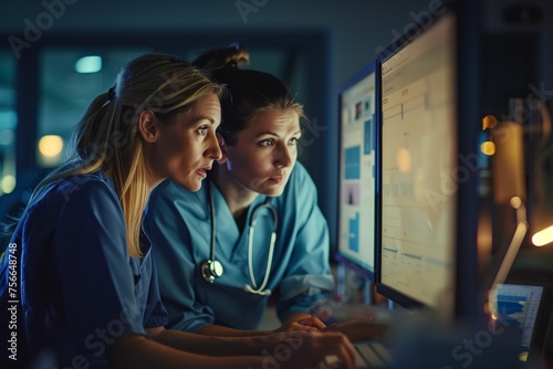 Female doctor and nurse looking at computer screen discussing treatment plans late at night in hospital