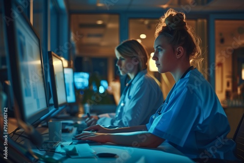 Female nurse sitting working at a computer in a hospital at night