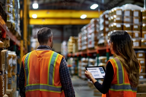 Male and female workers in a warehouse looking at a tablet