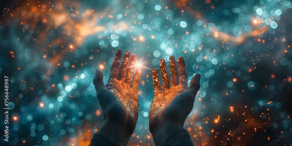 Celestial Hands in Reverent Gesture Amidst Cosmic Brilliance. Concept Cosmic Hands, Reverent Gesture, Celestial Brilliance, Spiritual connection, Cosmic Photography - obrazy, fototapety, plakaty 