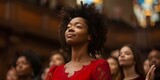 Black woman in red dress praising with raised hand during church service. Concept Black Women, Red Dress, Church Service, Religious, Praising