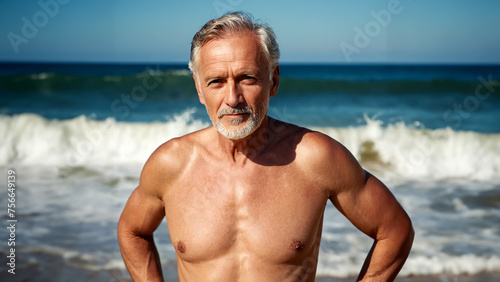 A handsome, respectable older man posing in swimming trunks