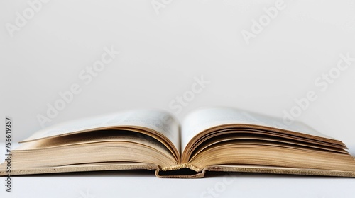 Close-up view of an open book against a pristine white background