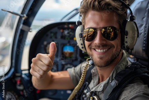 Confident helicopter pilot in cockpit giving a thumbs up sign