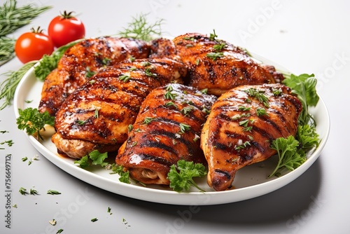Juicy marinate grilled healthy chicken breasts BBQ and sesame parsley and tomato with plate on white background