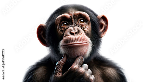 Monkey with hands on chin and a smart expression. Closeup of a chimpanzee with thoughtful aptitude