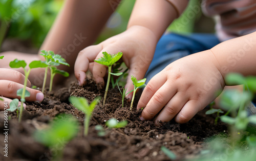 Close up of children hands planting plants in the soil, gardening in the backyard, childhood in the village or on the farm