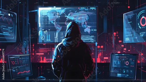 a person in a hooded jacket looking at a computer screen. Seamless Looping 4k Video Animation photo