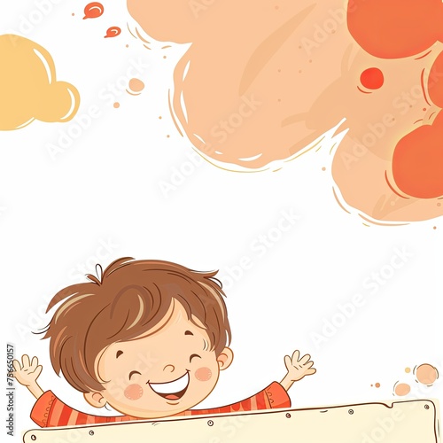 A gleeful young boy with tousled hair waves his hands excitedly above a blank banner, surrounded by whimsical, colorful splashes
