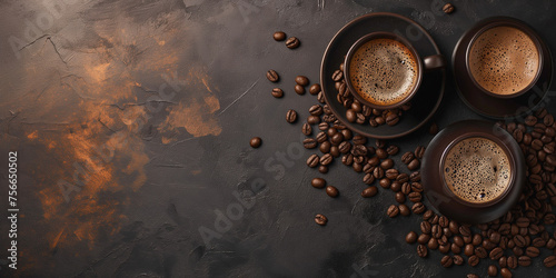 Brown roasted coffee beans of the best quality on a natural background. Cup of fresh caffe espresso, cafeteria and restaurant copy space background.
