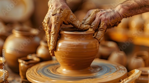 Potter wheel turnning by hand making clay pot shape