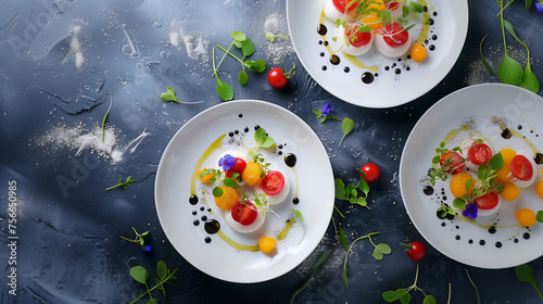 Three plates of gourmet salad featuring cherry tomatoes, mozzarella, and edible flowers on a dark textured background