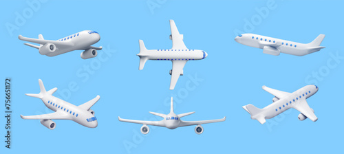 3D Set of White Realistic Airplane Isolated. Render Collection of Passenger or Commercial Jet Icon. Time for Travel Concept. Traveling Booking Agency, Airlines. Holiday Vacation. Vector Illustration