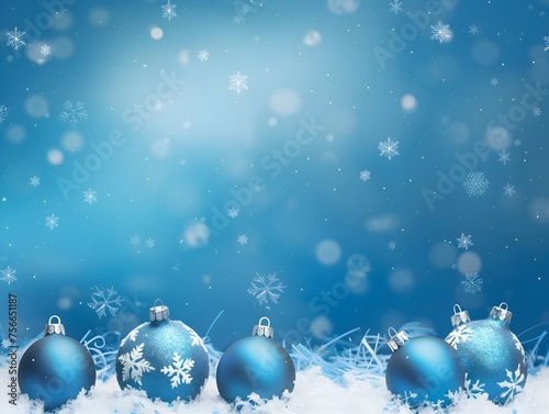 Blue Background with Christmas Ornaments And Snowflakes on the Bottom