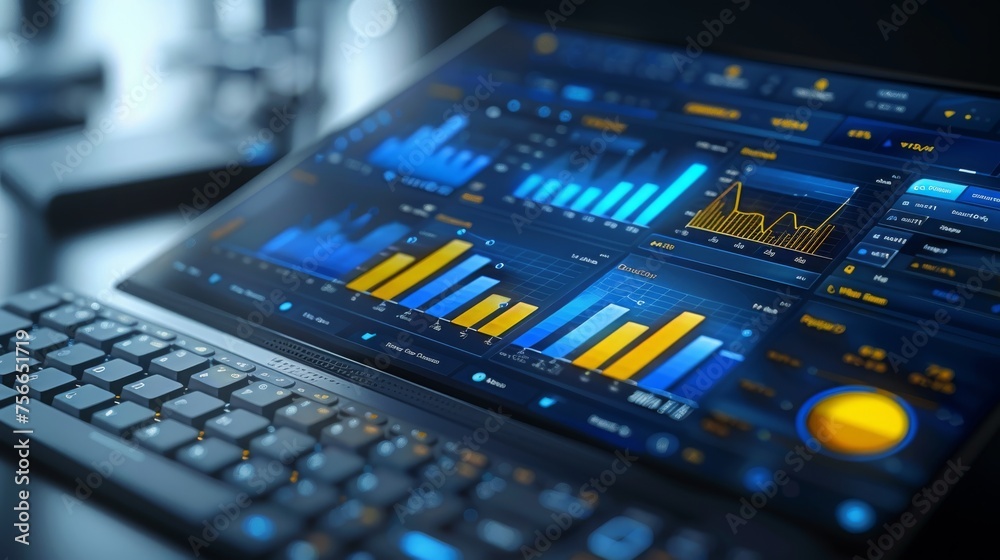 Futuristic glowing business charts and diagrams on computer. Generative AI Futuristic glowing business charts and diagrams on computer. Generative AI