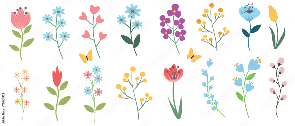 Set of beautiful spring and summer flowers, leaves, plants for creating floral bouquets. Hand drawn vector illustration. - obrazy, fototapety, plakaty 